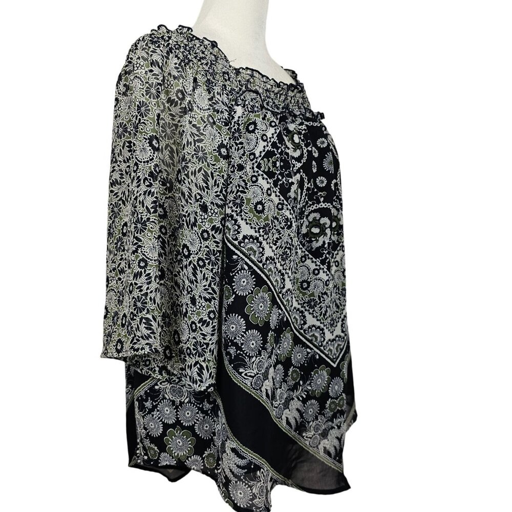 Womens Blouse XL Paisley Navy Blue Gray Floral Mosaic Bandana Sheer‎ Boho Hippy